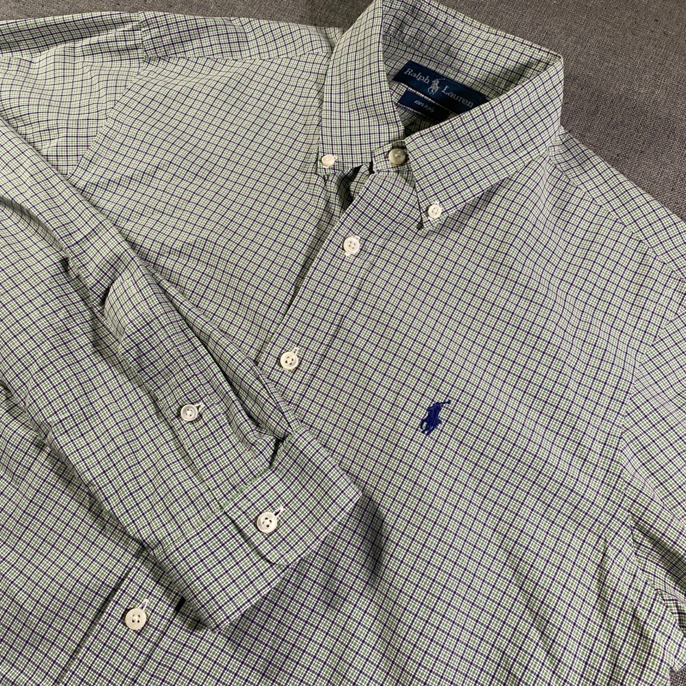 Ralph Lauren Men Button Shirt Green Blue Plaid Long Sleeve Size Large 120s 2-Ply